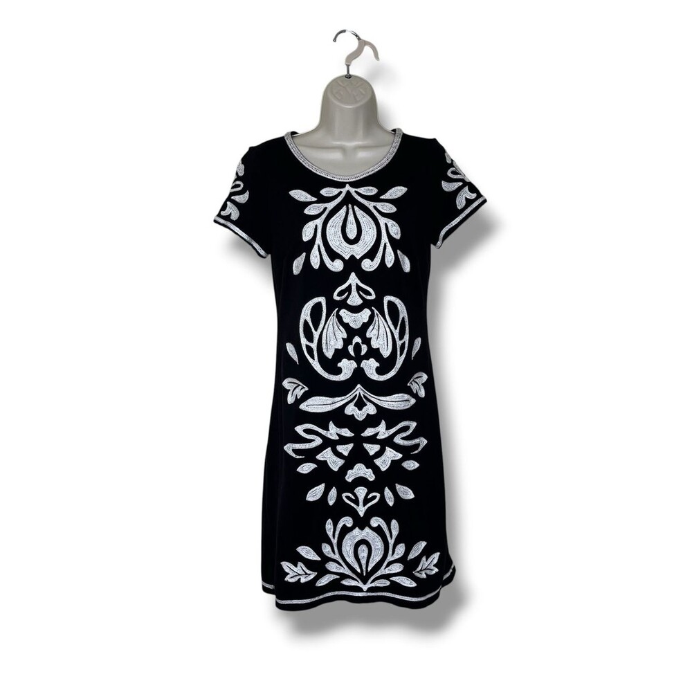 INC International Concepts Dress Black White Embroidery Shift Sheath Boho Medium